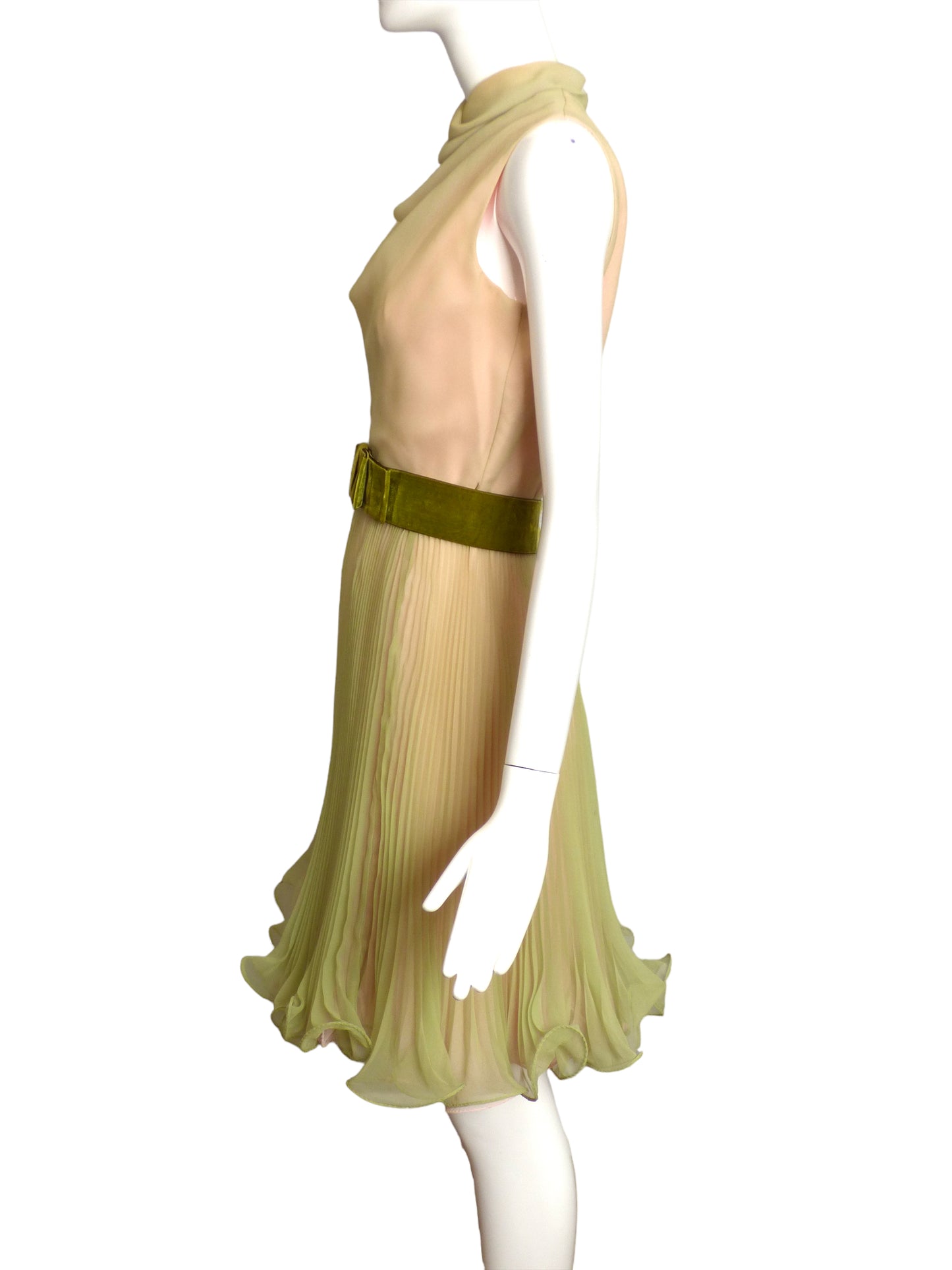 MISS ELLIETTE- 1960s Green Chiffon Pleat Dress, Size 6