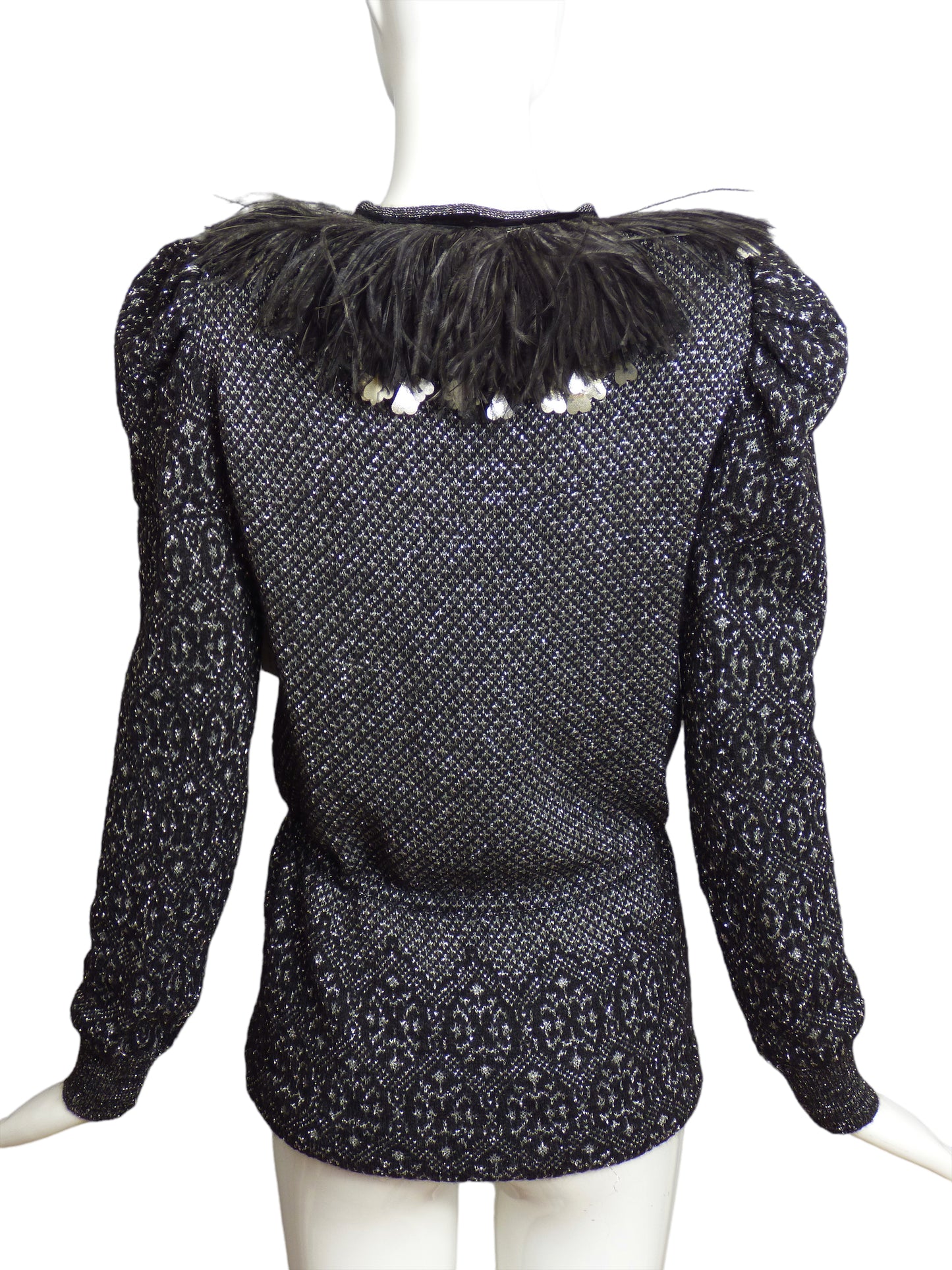 VALENTINO- 1980s Metallic Feather Trim Sweater, Size 8
