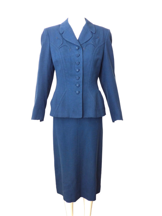 1940s Blue Wool Skirt Suit, Size 8