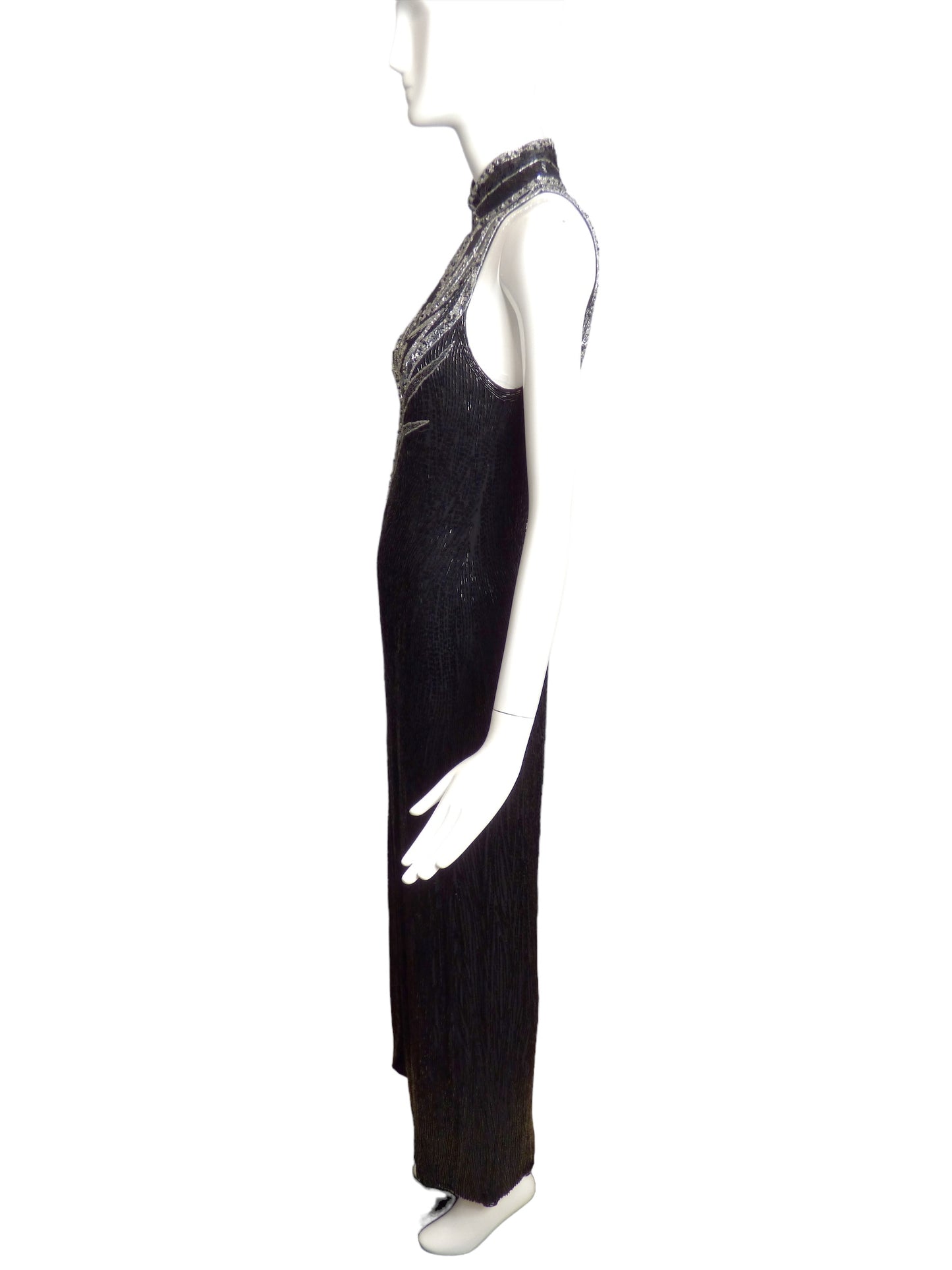 BOB MACKIE- 1990s Black & Silver Beaded Gown, Size 10