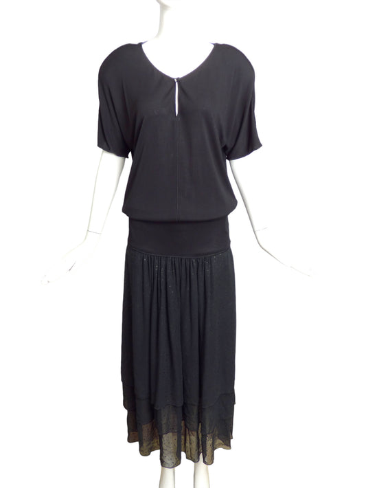1980s Black Crepe Drop-Waist Dress, Size-Small