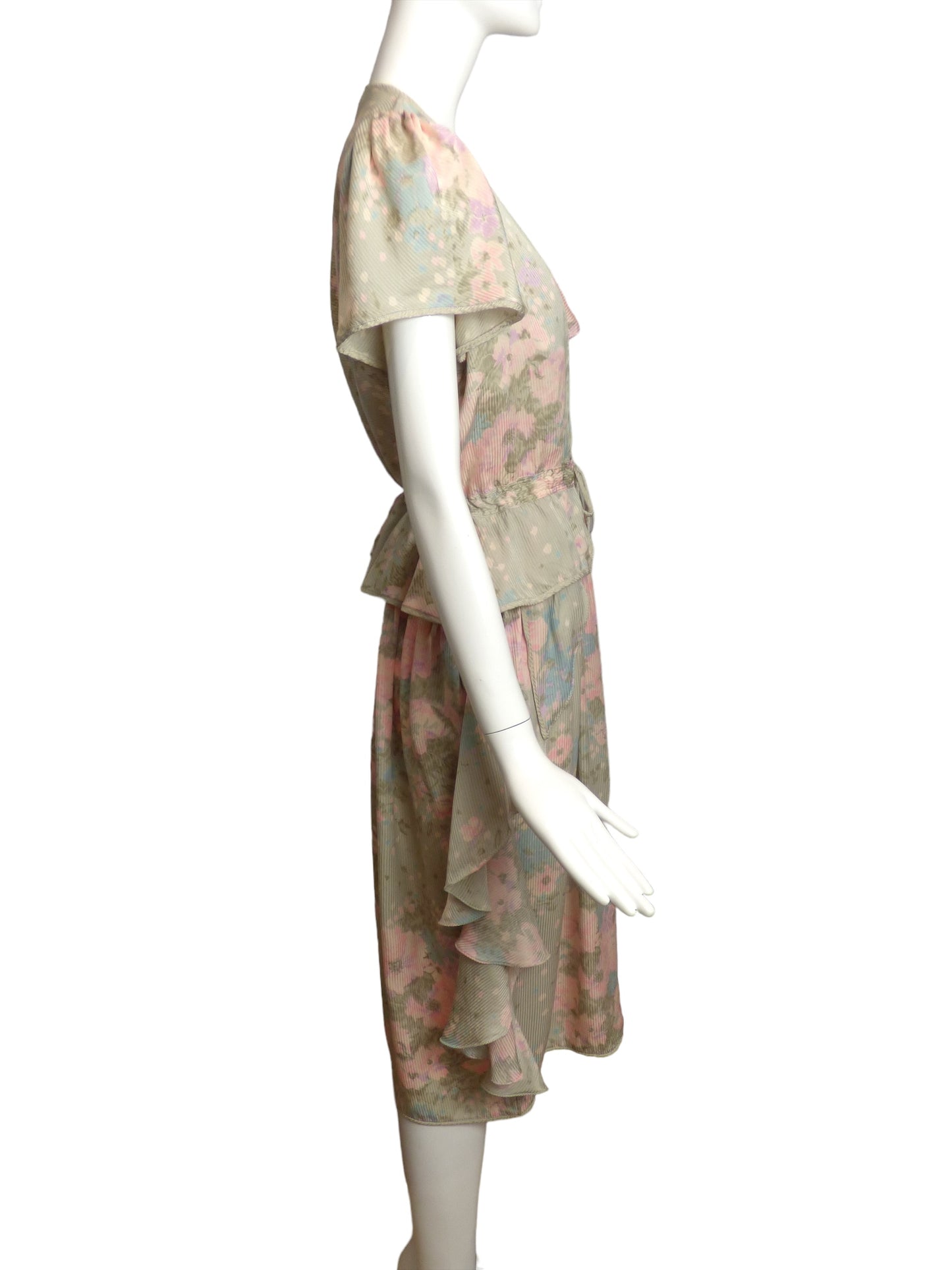 JANICE WAINWRIGHT- 1980s 2pc Floral Print Silk Dress, Size 2