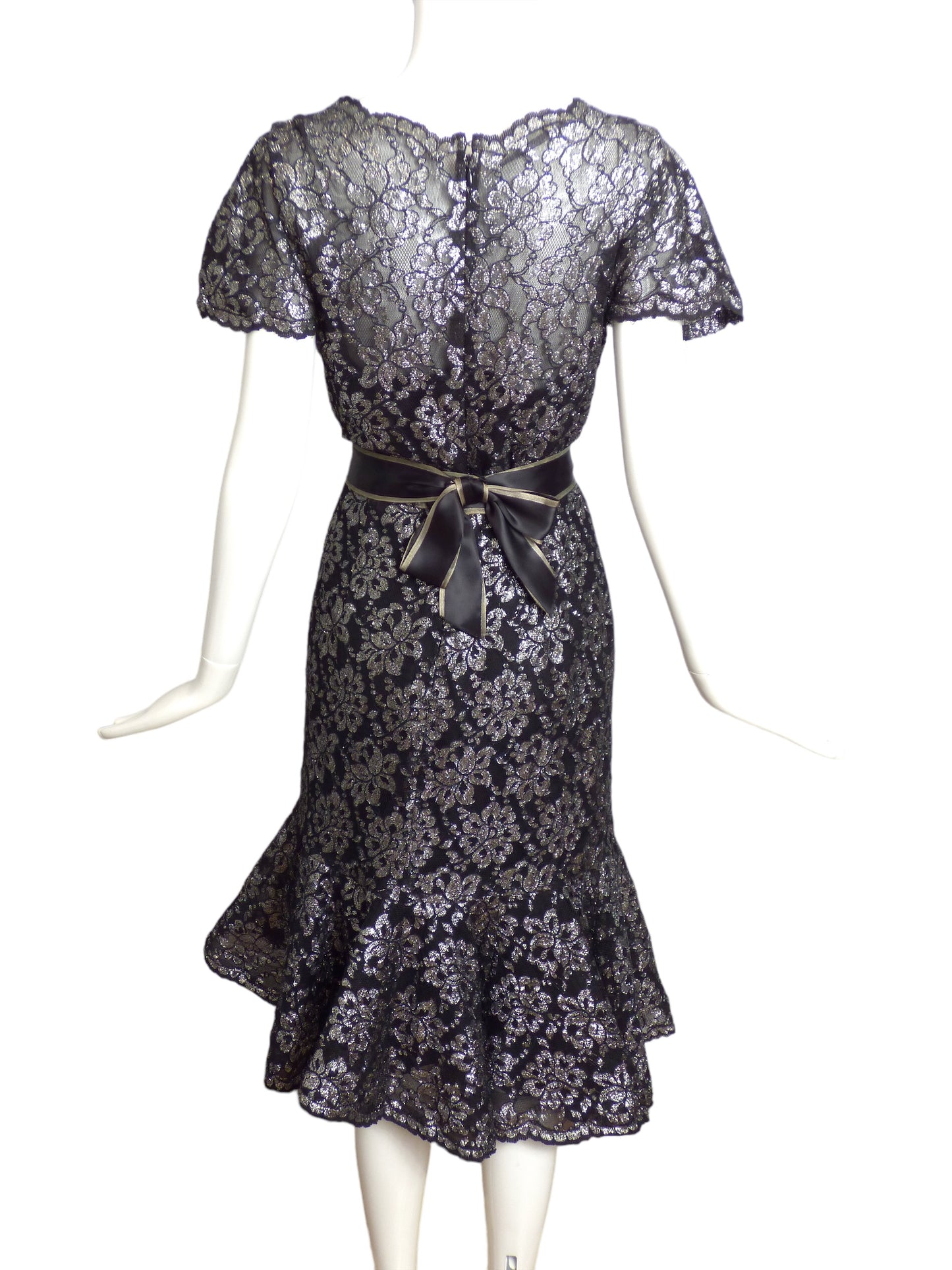 SCAASI- 1980s Metallic Lace Dress, Size 6