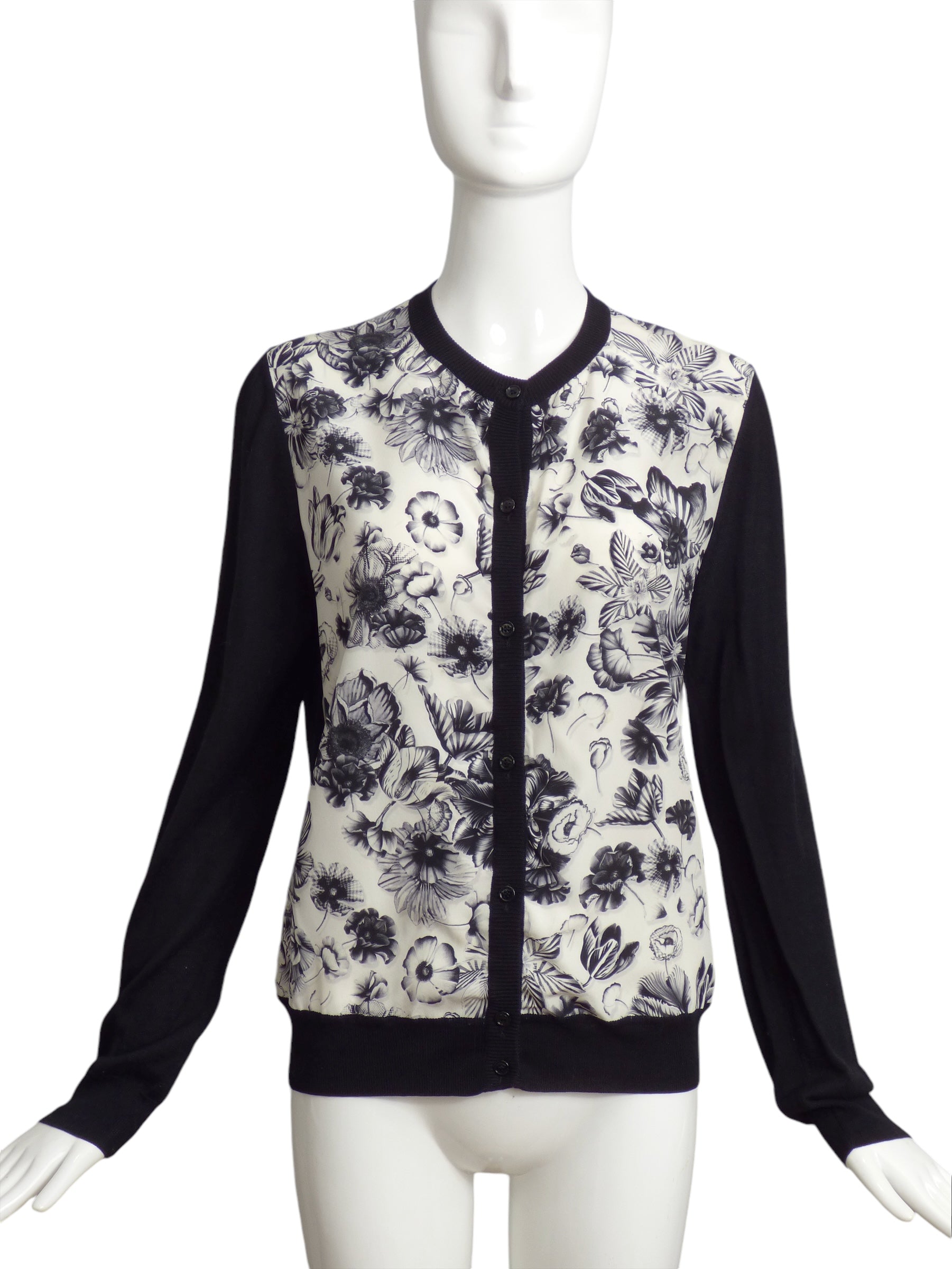 SALVATORE FERRAGAMO- Floral Silk Print & Knit Cardigan, Size 8