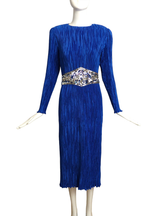 1980s Blue Plissé & Sequin Dress, Size 6