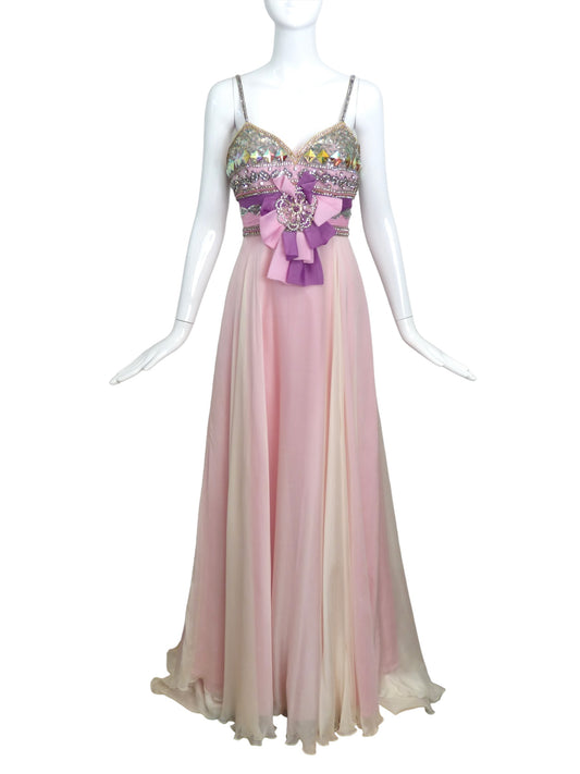 CHANTAL TEMAM- NWT Pink Crystal Chiffon Gown, Size-4
