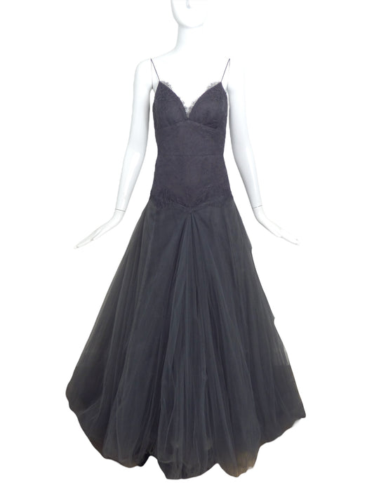 MONIQUE LHUILLIER- NWT Grey Lace & Tulle Gown, Size 6