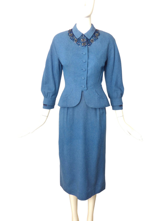 1940s Blue Beaded Wool Skirt Suit, Size 2