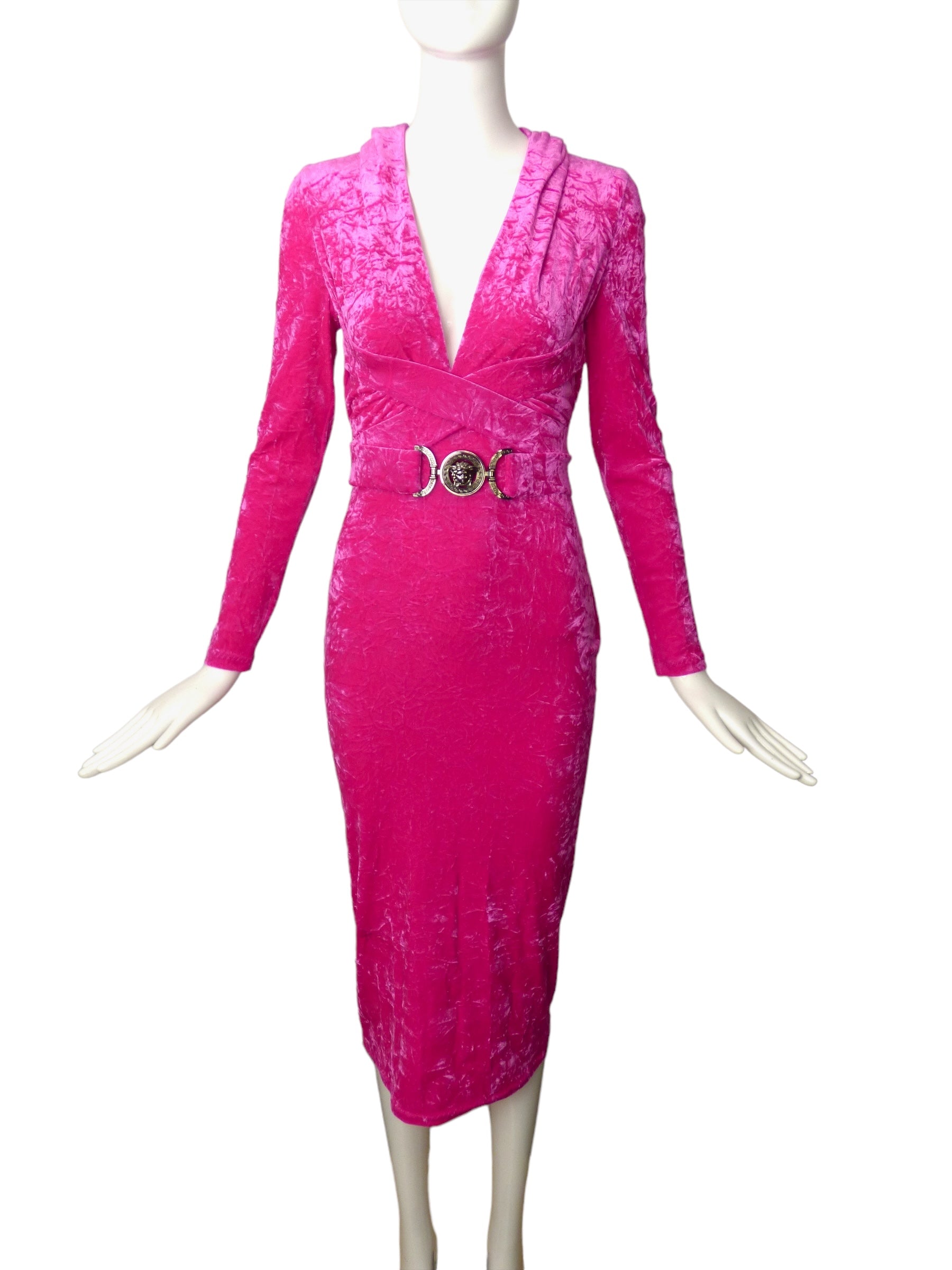 Versace Hooded Long Sleeve Deep V-Neck Crushed Velvet Midi Dress in Pink Versace Hooded Long Sleeve Deep V-Neck Crushed Velvet Midi Dress in Pink