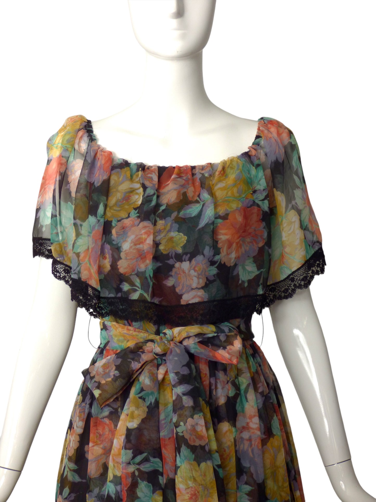 VICTOR COSTA-1970s Floral Chiffon Print Evening Dress, Size 4