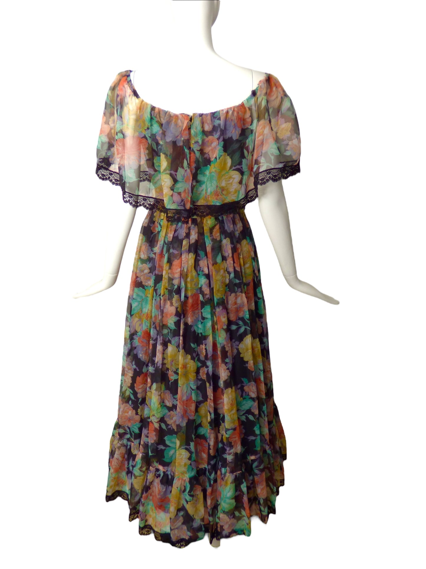 VICTOR COSTA-1970s Floral Chiffon Print Evening Dress, Size 4