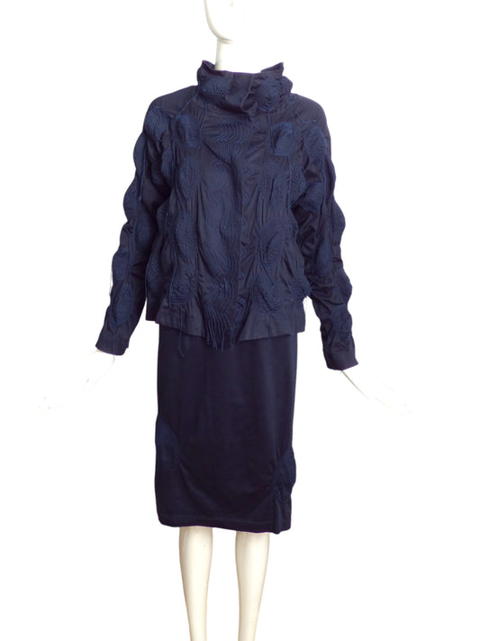 ISSEY MIYAKE HAAT- Navy Embroidered Skirt Suit, Size 8