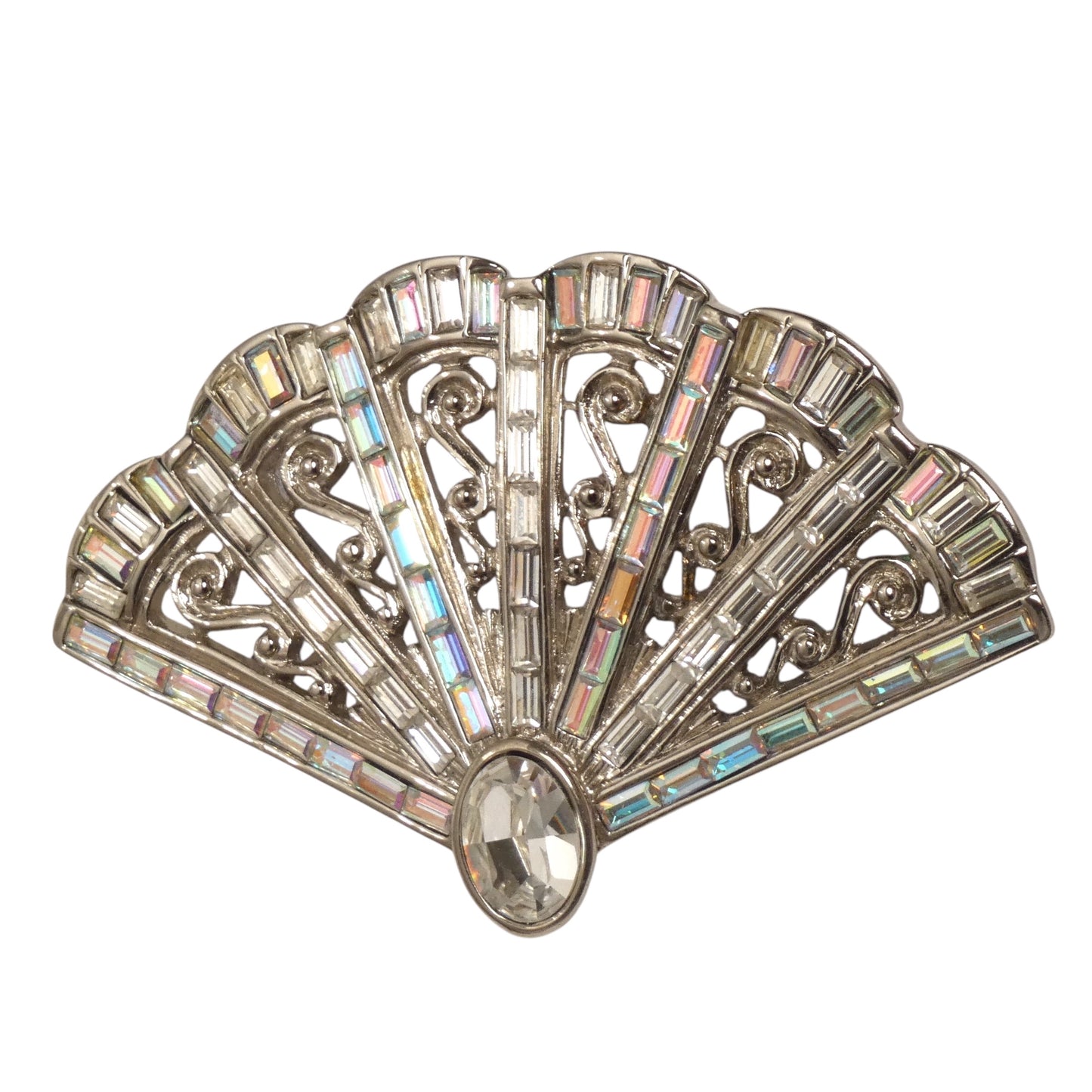 YVES SAINT LAURENT- 1980s Silver Rhinestone Fan Brooch
