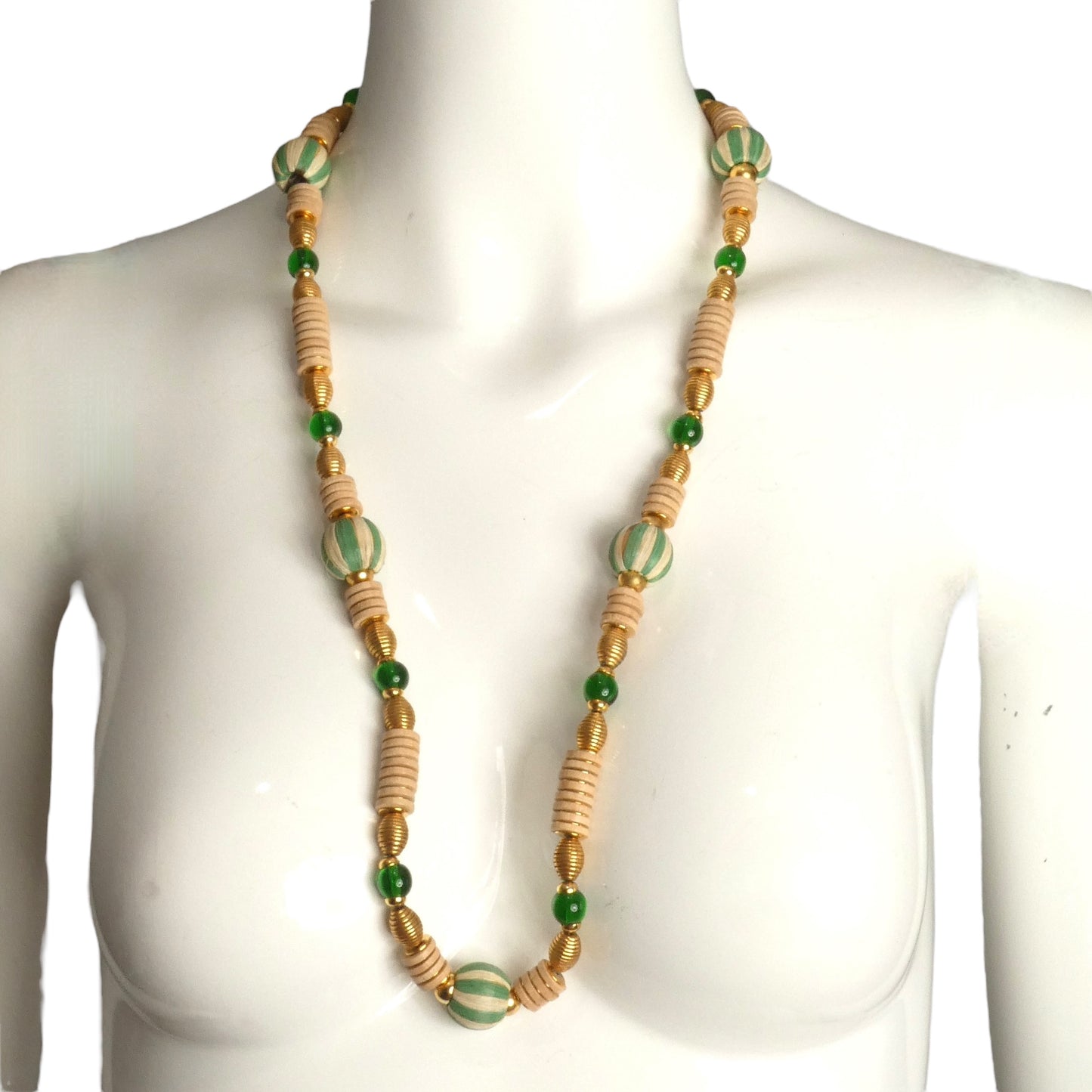 YVES SAINT LAURENT- 1970s Green & Natural Wood & Raffia Necklace