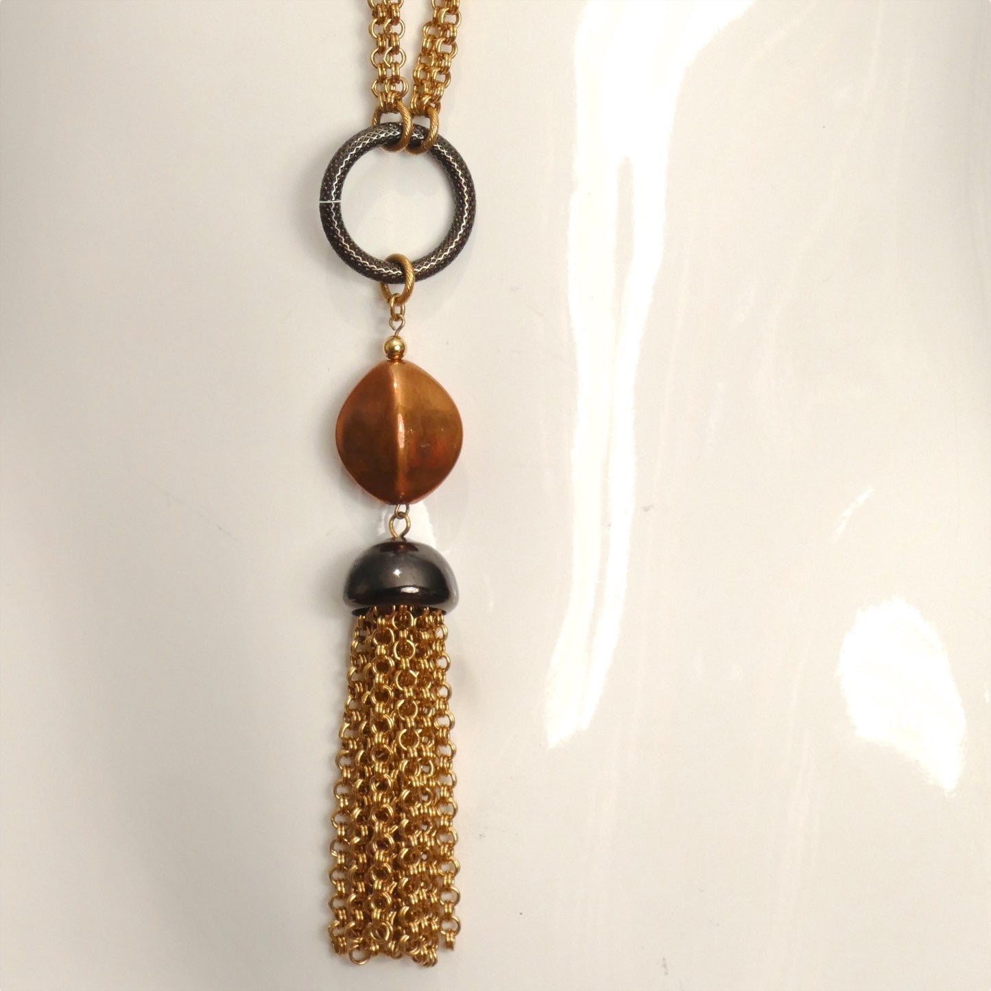 YVES SAINT LAURENT- 1980s Copper Bead, Ring & Tassel Necklace