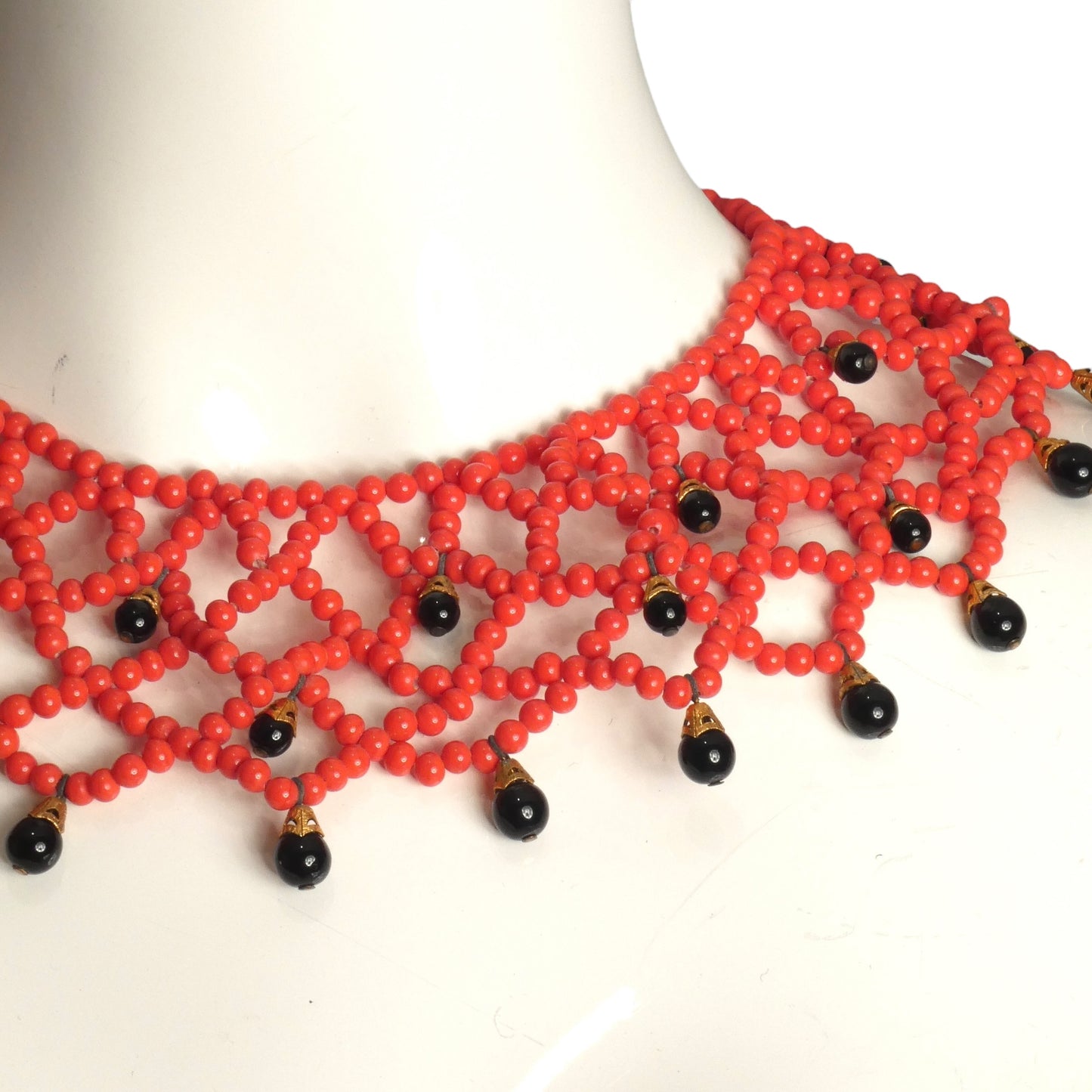 YVES SAINT LAURENT- 1970s Coral & Black Bead Bib Necklace