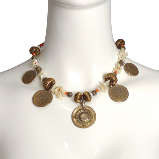 YVES SAINT LAURENT- c.1970 Shell Bead & Medallion Necklace