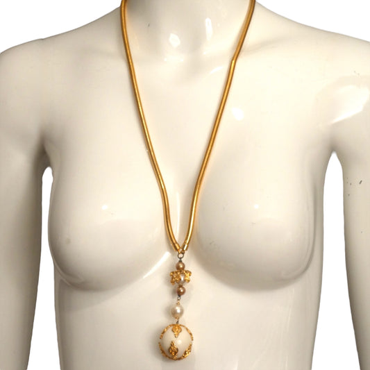 YVES SAINT LAURENT- 1980s Gold & White Orb Pendant Necklace