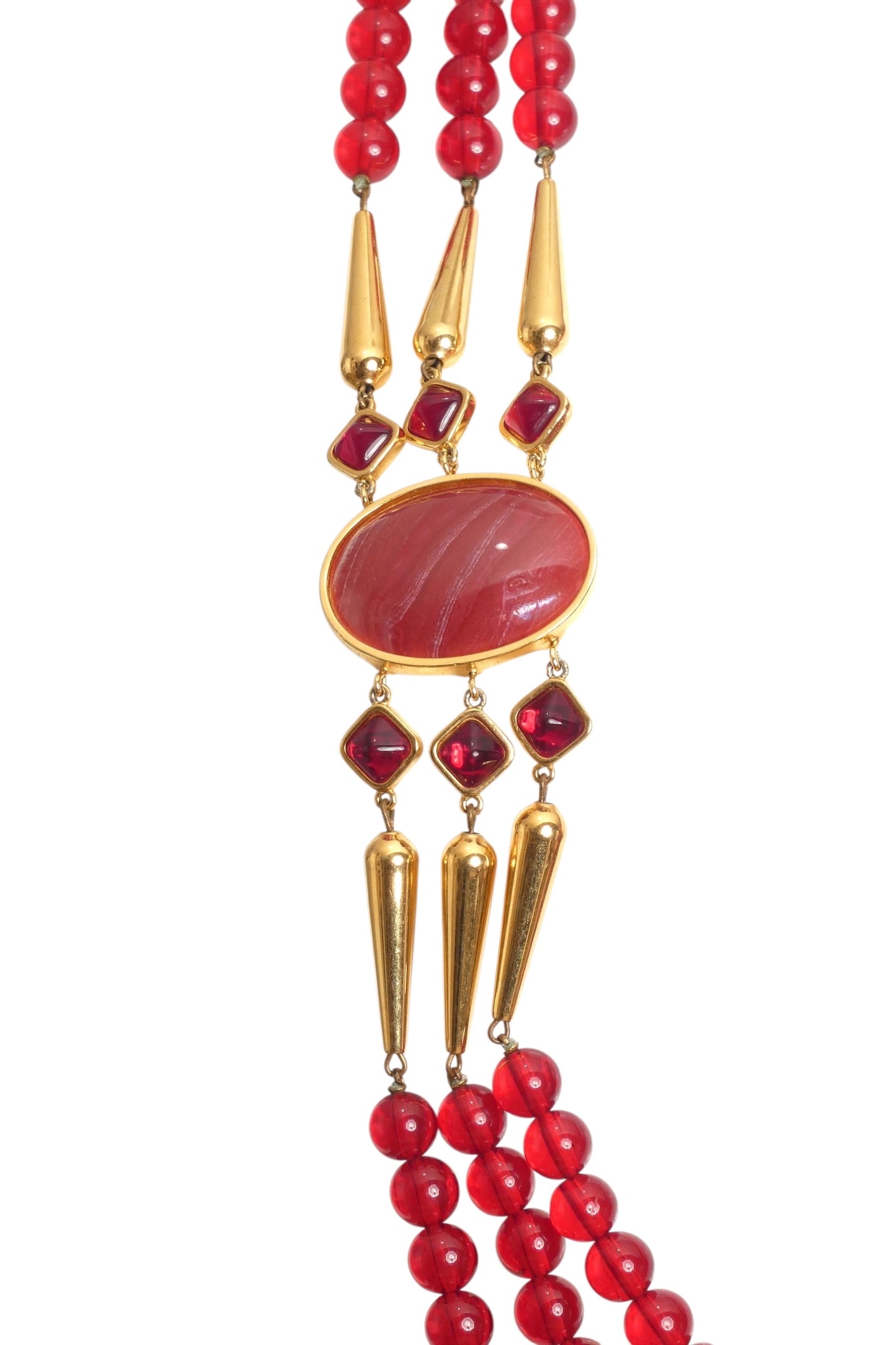 YVES SAINT LAURENT- 1980s 3-Strand Red Bead Medallion Necklace