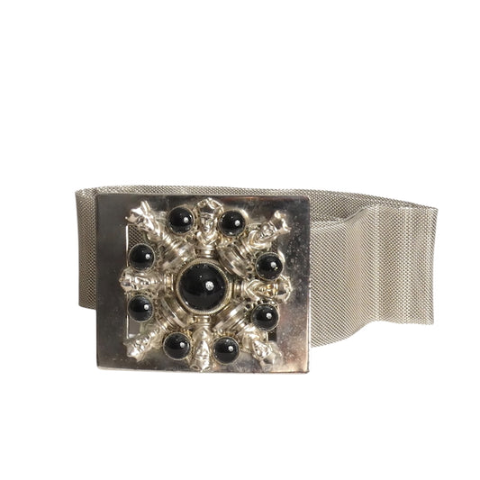 WILLIAM DELILLO- 1970s Adjustable Silver Mesh Jeweled Buckle Belt