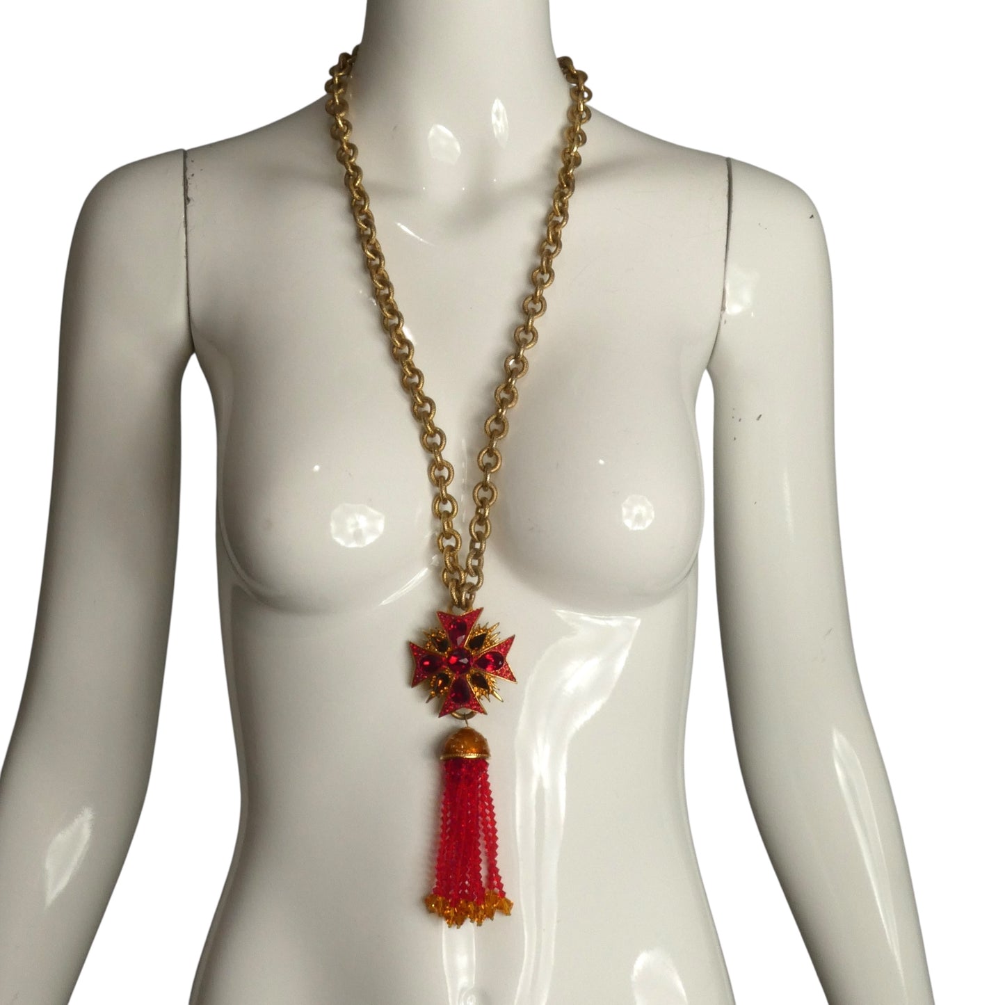 JAY FEINBERG- 1980s Red Rhinestone & Gold Link Necklace