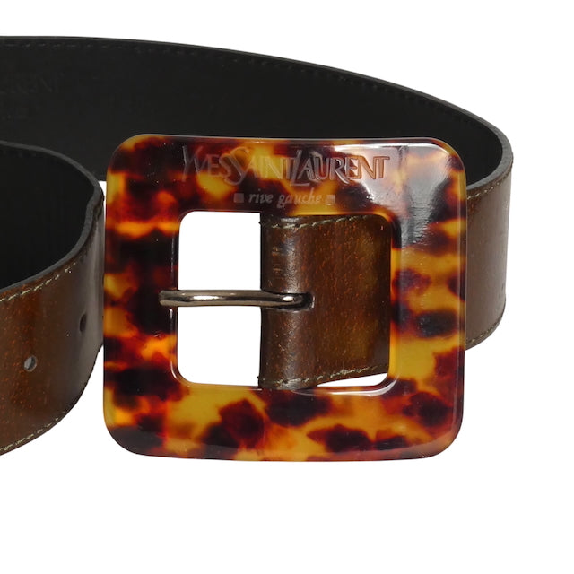 YVES SAINT LAURENT- 1980s Brown Leather & Tortoise Belt, Waist 25