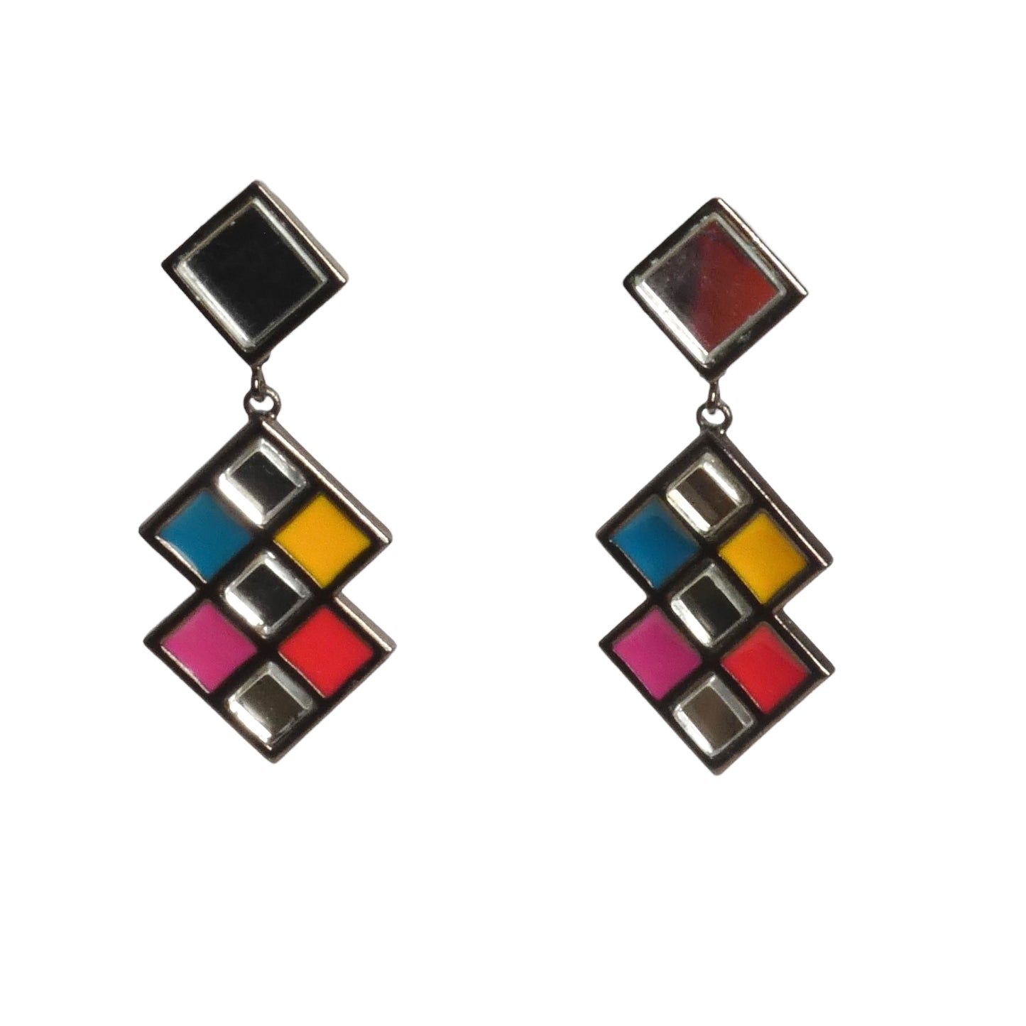 YVES SAINT LAURENT- 1980s Multi Color Enamel & Mirror Drop Earrings