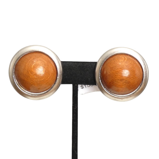 YVES SAINT LAURENT- 1980s Brown & Silver Wood Button Earrings