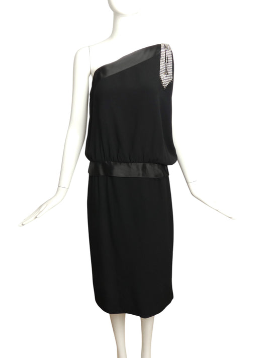 BILL BLASS- 1980s Black Crepe Rhinestone Dress, Size 14
