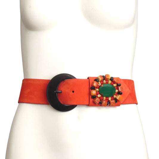 YVES SAINT LAURENT- 1990s Orange Suede & Jeweled Buckle Belt, Waist-32"