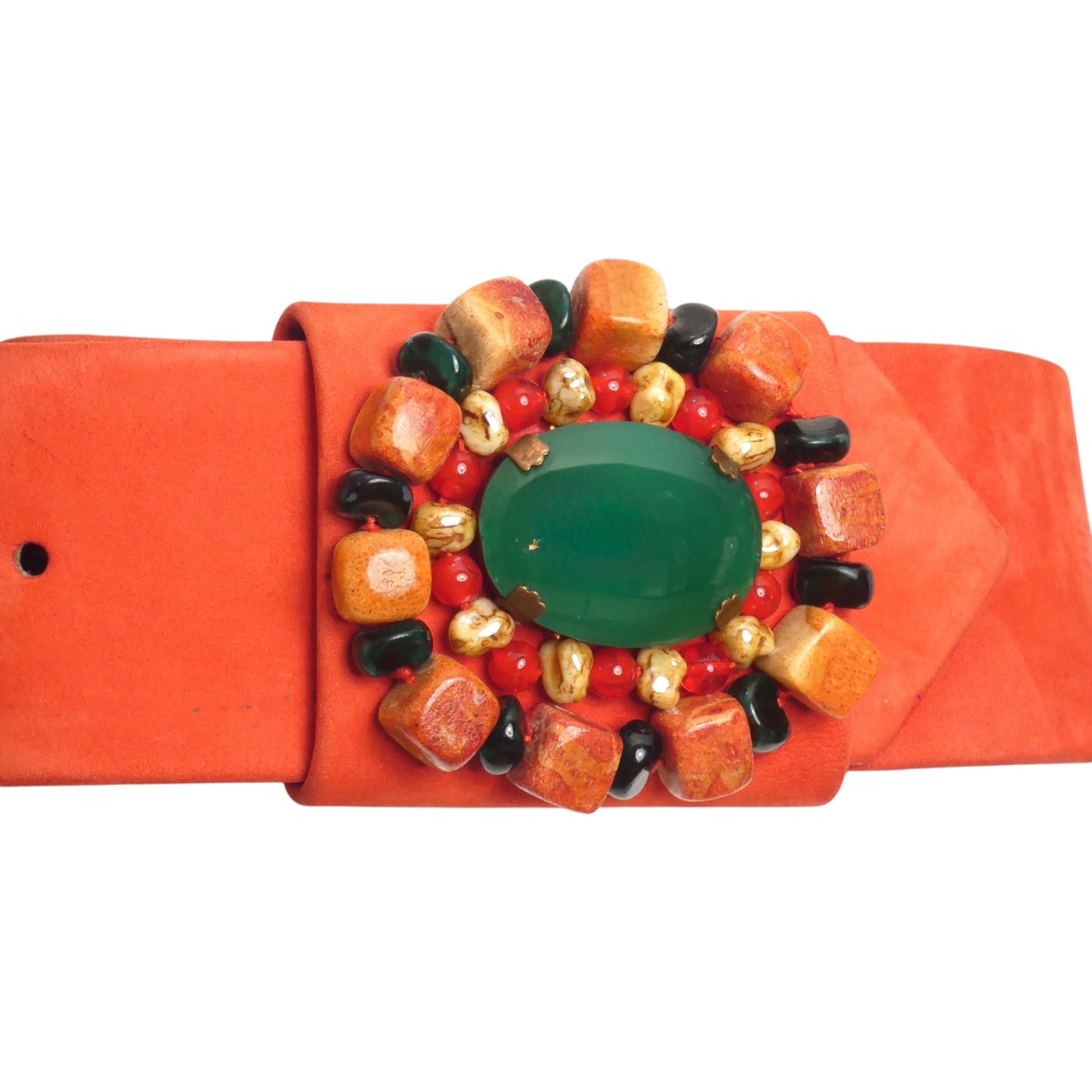 YVES SAINT LAURENT- 1990s Orange Suede & Jeweled Buckle Belt, Waist-32"