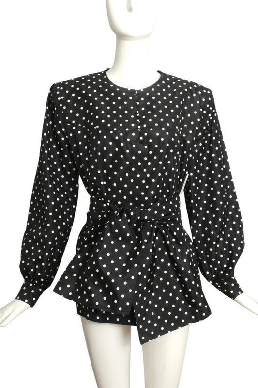 ANDRE LAUG- 1980s Polka Dot Taffeta Blouse, Size 16