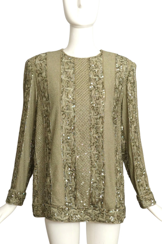 ANDRE LAUG- 1980s Green Bead & Sequin Tunic, Size 18