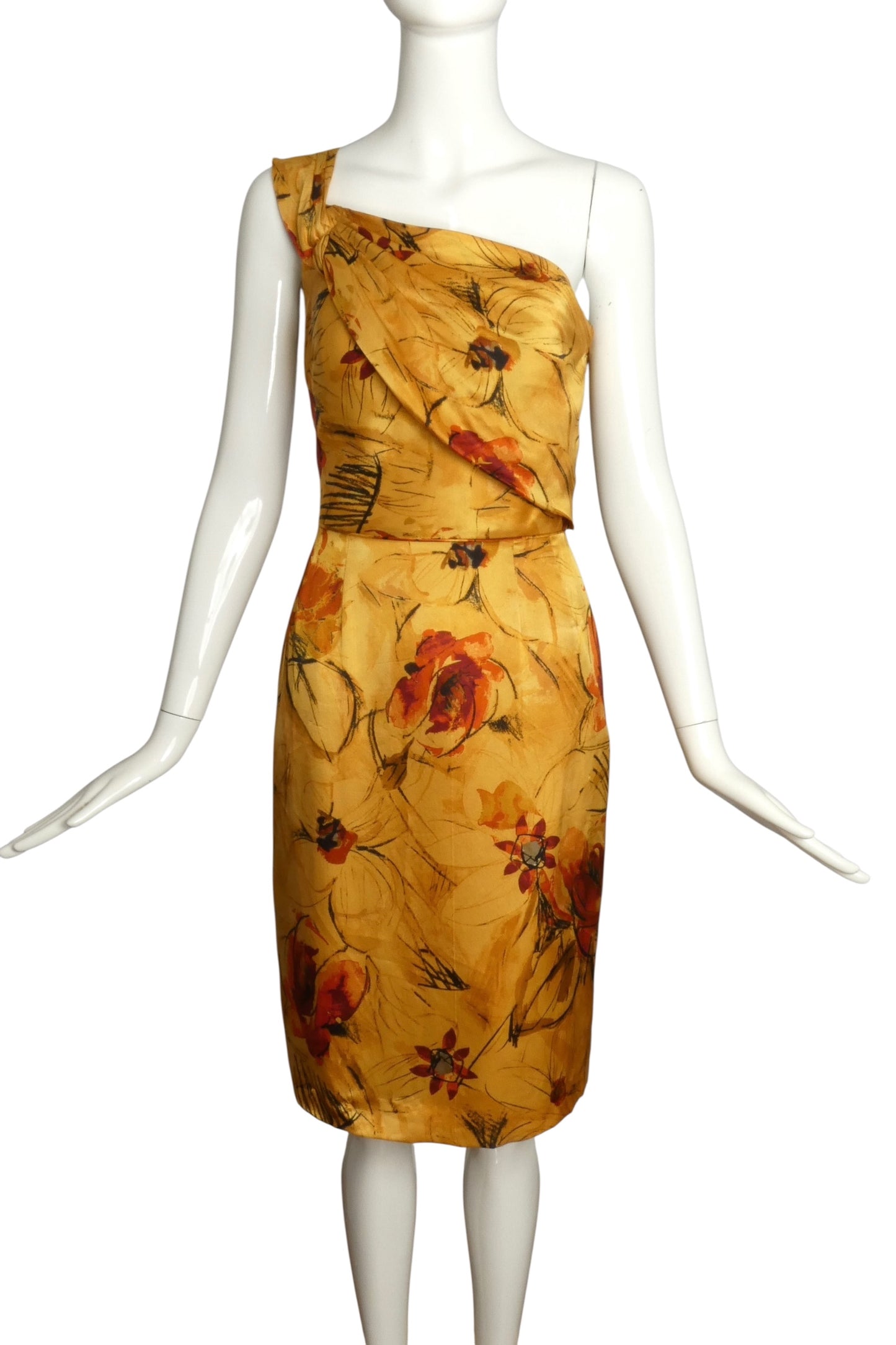 ALBERTA FERRETTI- One Shoulder Floral Print Silk Dress, Size 4