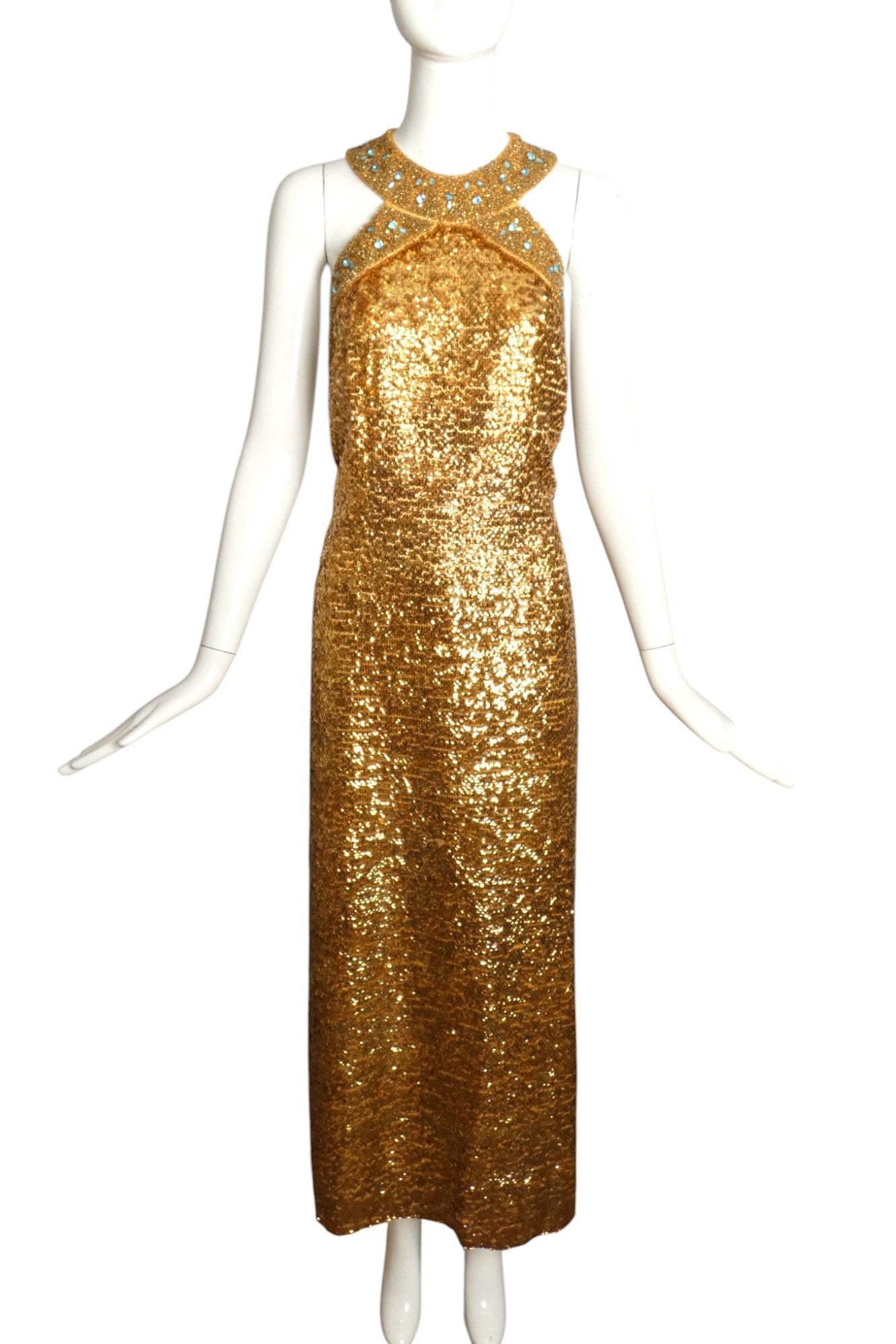 1960s Gold Sequin & Bead Halter Gown, Size 4