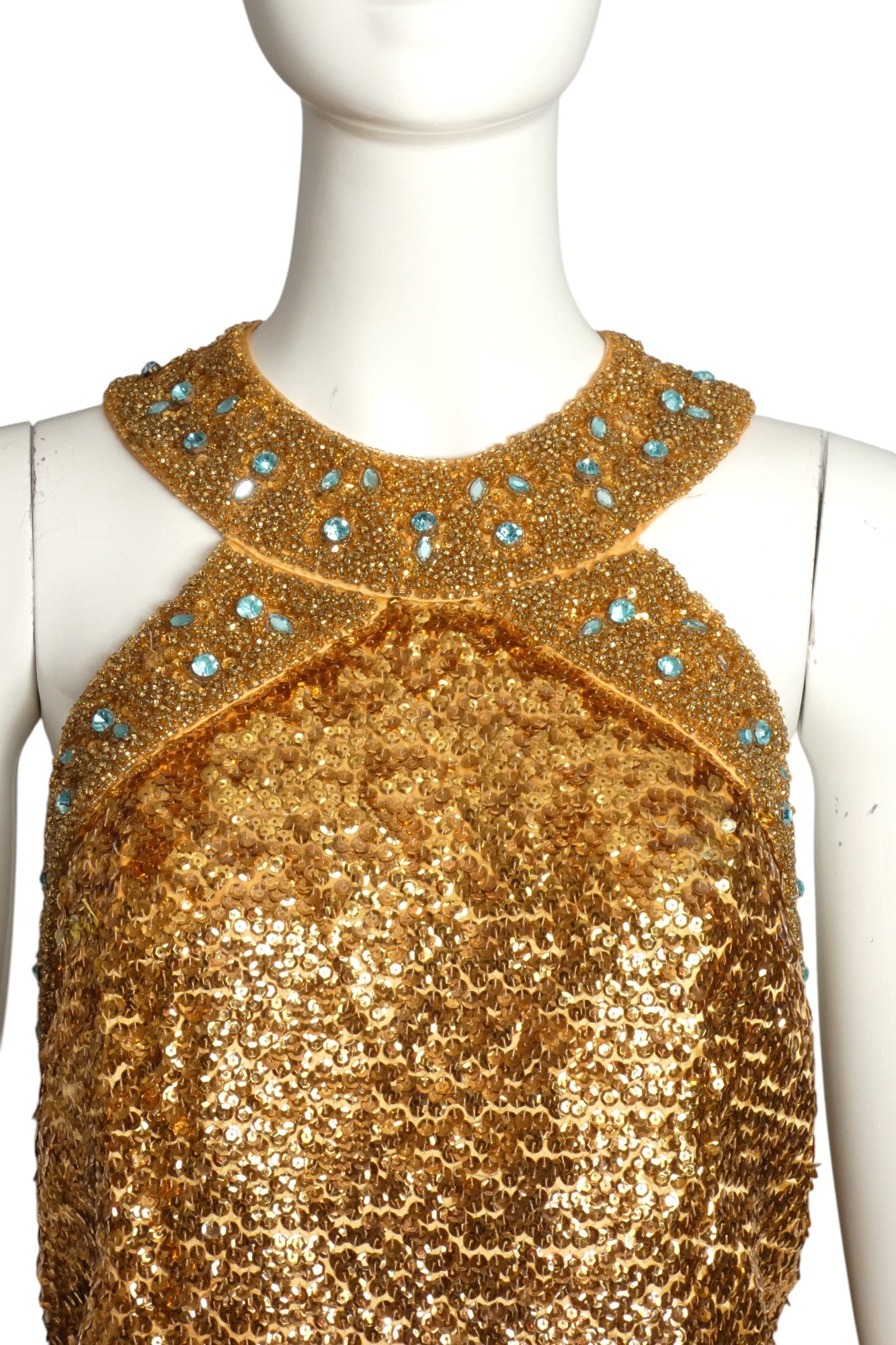1960s Gold Sequin & Bead Halter Gown, Size 4