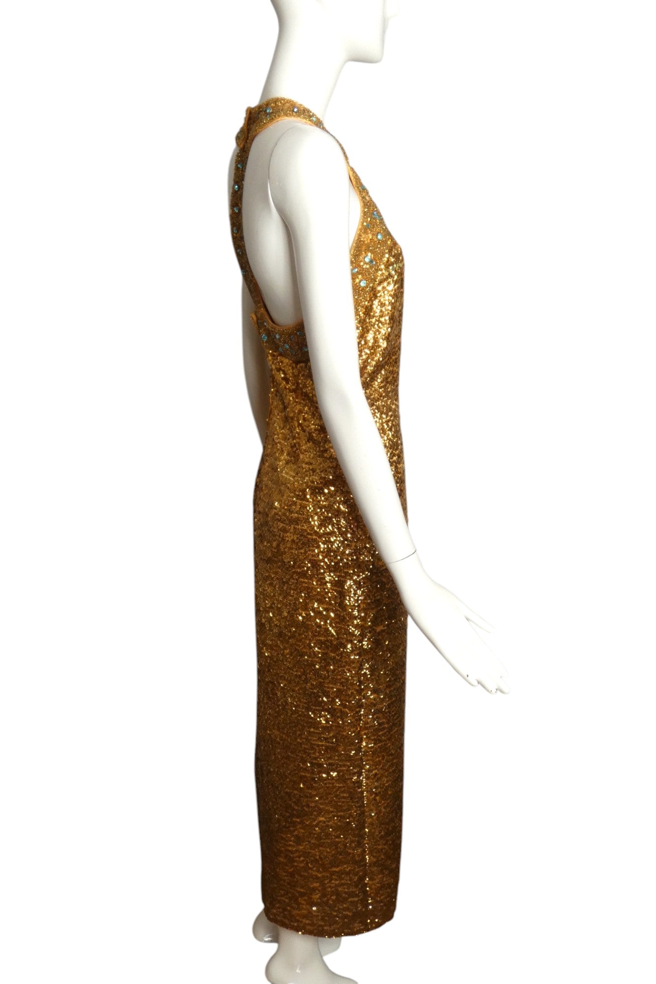 1960s Gold Sequin & Bead Halter Gown, Size 4
