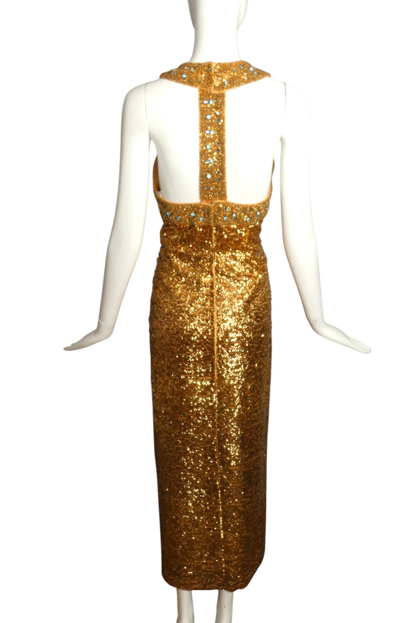 1960s Gold Sequin & Bead Halter Gown, Size 4