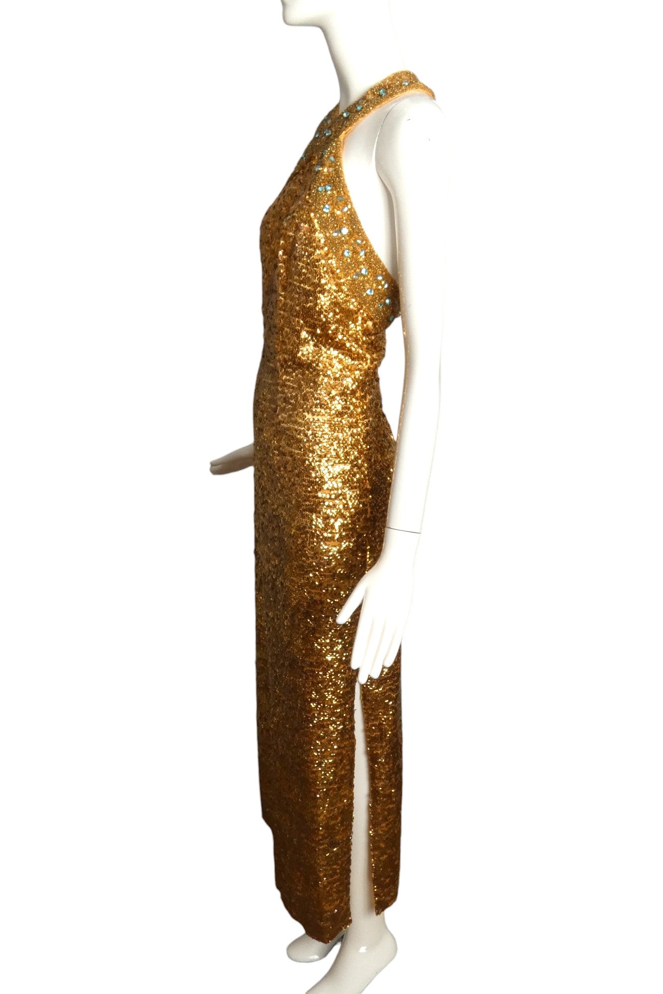 1960s Gold Sequin & Bead Halter Gown, Size 4