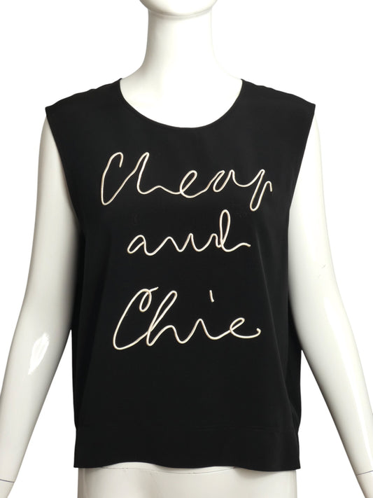 CHEAP & CHIC- 1990s Embroidered Crepe Shell, Size 8