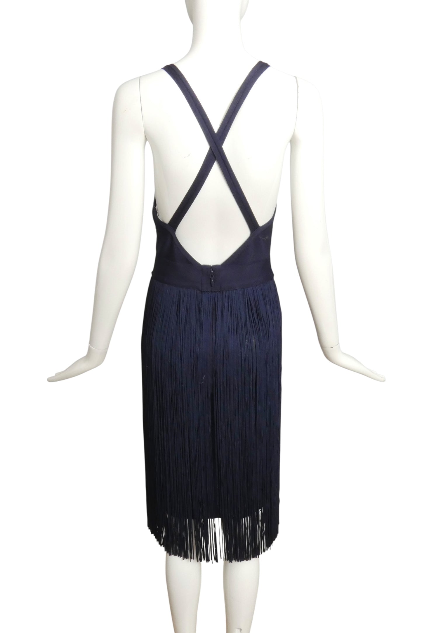 HERVE LEGER- NWT Navy Fringe Bandage Halter34 Dress, Size Small