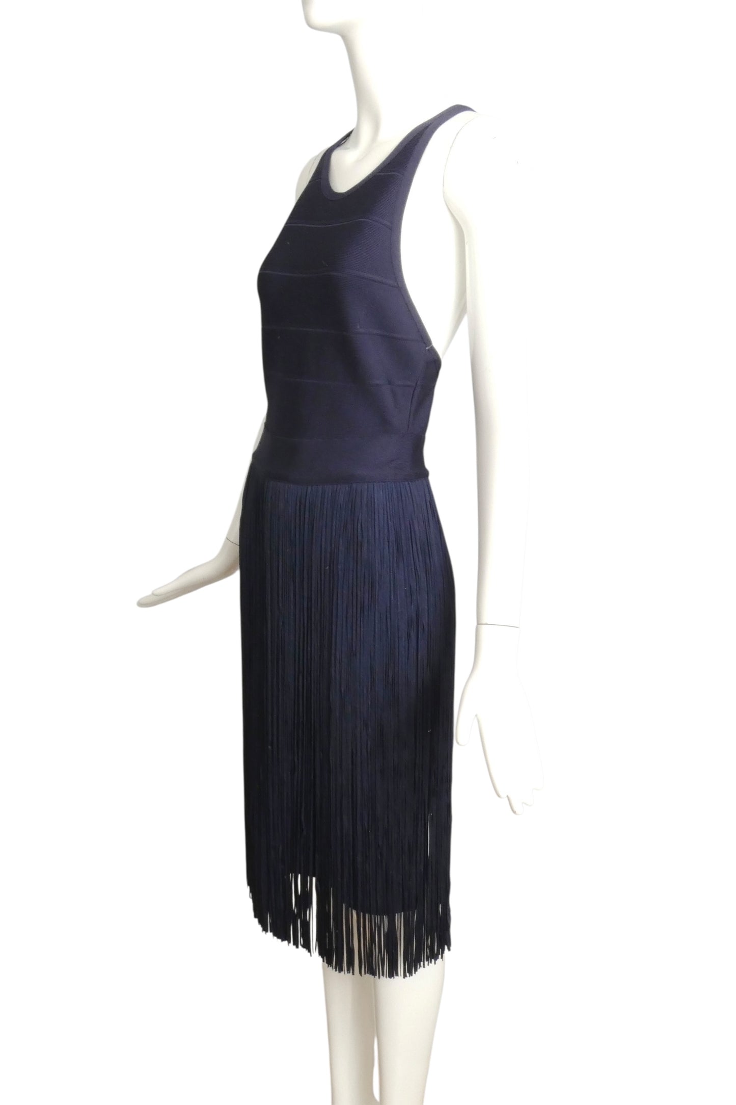 HERVE LEGER- NWT Navy Fringe Bandage Halter34 Dress, Size Small