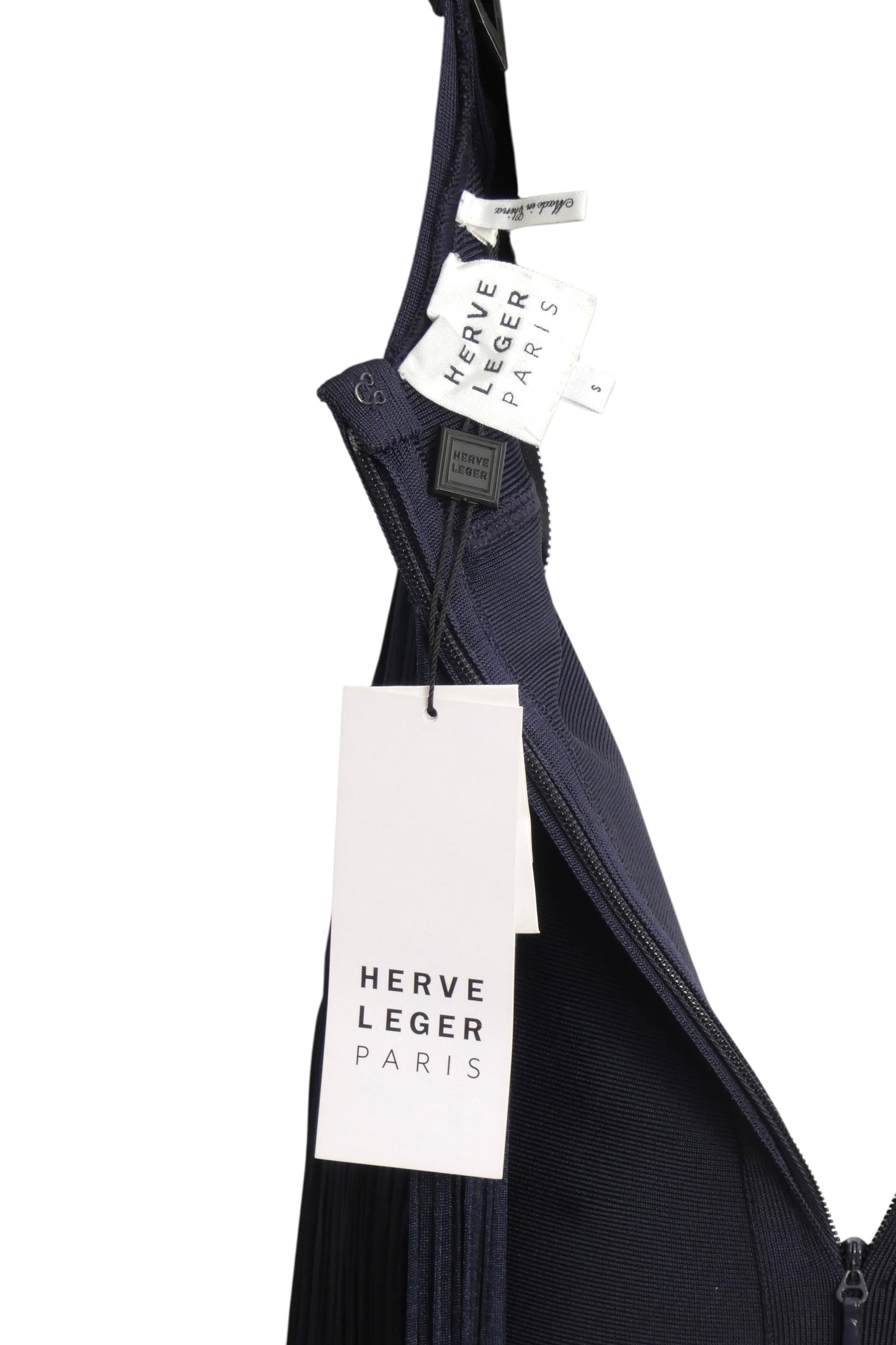HERVE LEGER- NWT Navy Fringe Bandage Halter34 Dress, Size Small