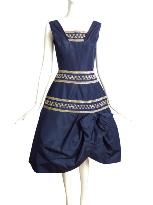 ANTONELLI- 1950s Navy Beaded Taffeta Party Dress, Size 6