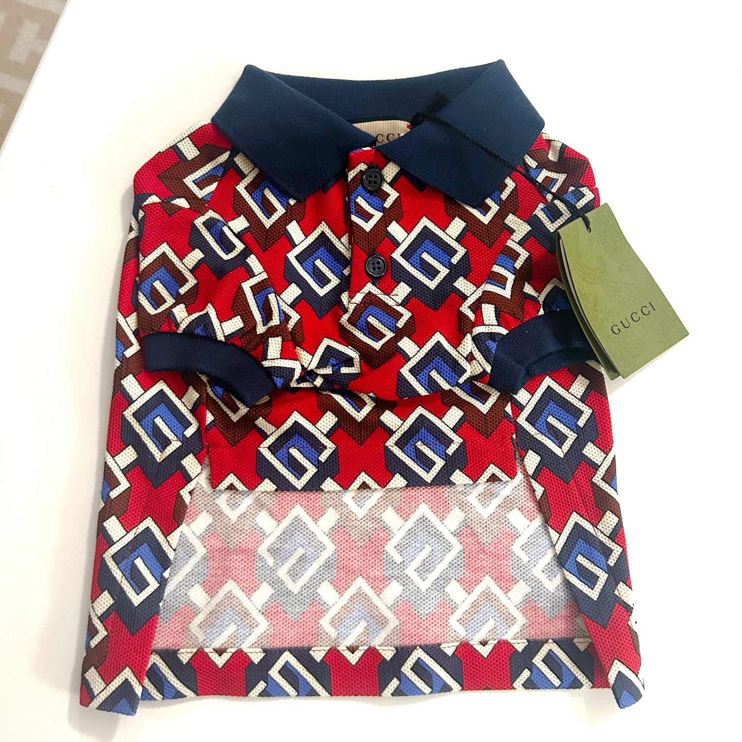 GUCCI- NWT 2022 Logo Print Doggie Polo Shirt, Size XXS
