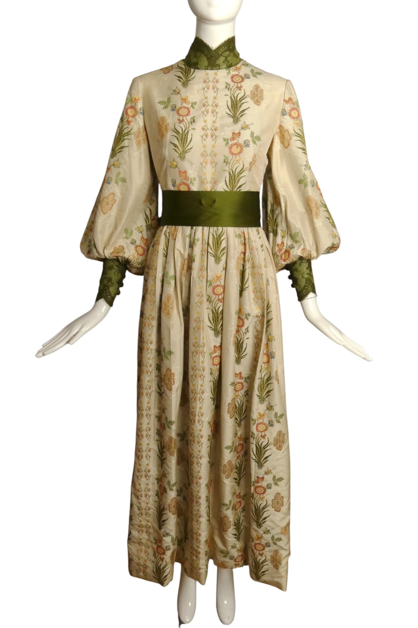 RONALD AMEY- 1970s Embroidered Silk Maxi Gown, Size 4