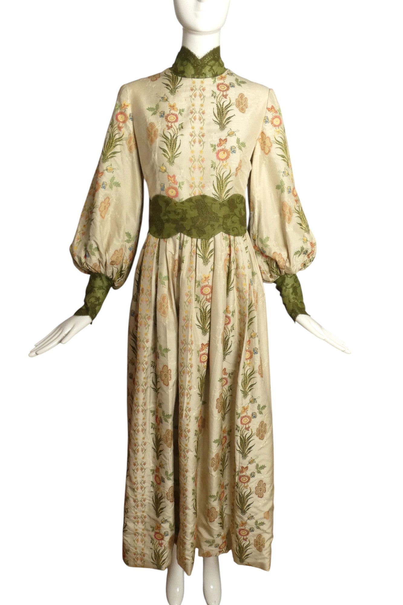 RONALD AMEY- 1970s Embroidered Silk Maxi Gown, Size 4