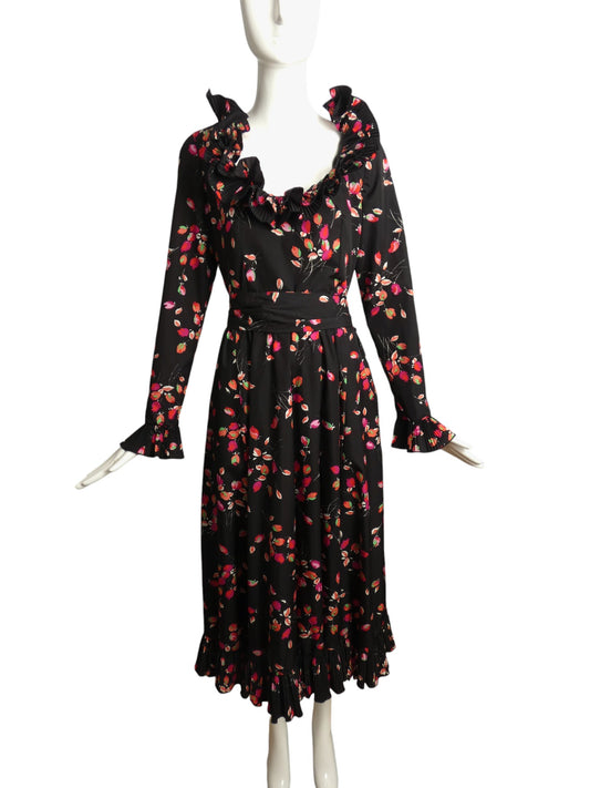VICTOR COSTA- 1970s Floral Ruffle Maxi Dress, Size 8