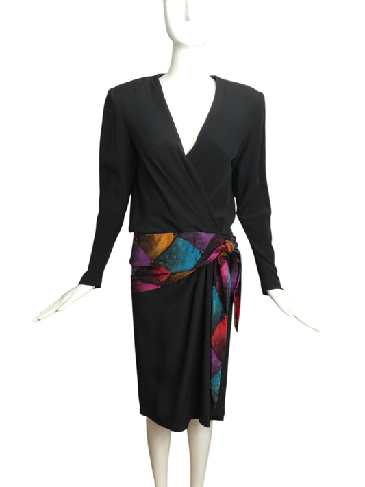 BOB MACKIE- 1980s Black Crepe Wrap Dress, Size 10