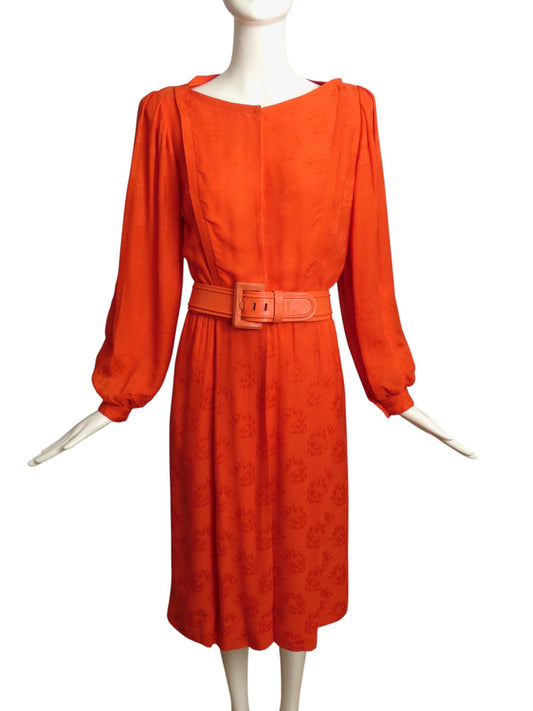 GALANOS- 1980s Red Silk Jacquard Dress, Size 6